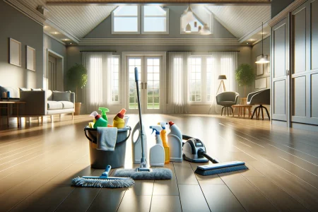 DALL·E 2024-06-04 14.52.46 - A high-quality realistic image depicting a Move-In_Out Cleaning service. The scene shows an empty house being cleaned, with cleaning supplies like a m