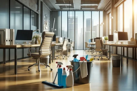 DALL·E 2024-06-04 14.53.47 - A high-quality realistic image depicting an Office Cleaning service. The scene shows a modern office space being cleaned, with cleaning supplies like