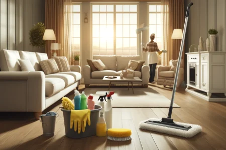 DALL·E 2024-06-04 14.54.49 - A high-quality realistic image depicting a Residential Cleaning service. The scene shows a cozy, well-decorated living room being cleaned, with cleani