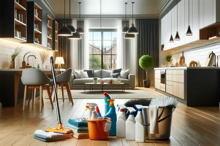 DALL·E 2024-06-04 14.56.08 - A high-quality realistic image depicting an Airbnb Cleaning service. The scene shows a stylish, well-decorated apartment being cleaned, with cleaning